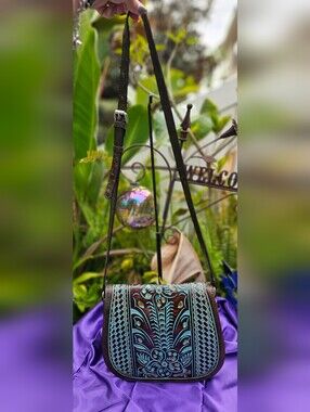 Patricia Nash Turquoise Tooled Leather Saddle Bag Floral Western Crossbody